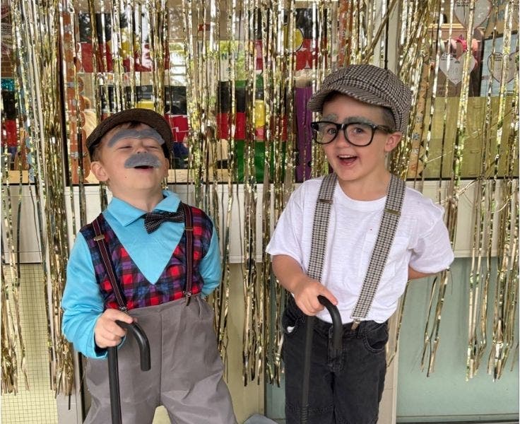 Two students dressed as old men for 100Days of Kindergarten