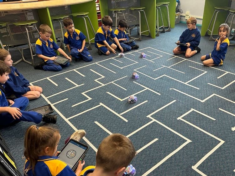 Students using the Beebot robots within a maze on the classroom floor.